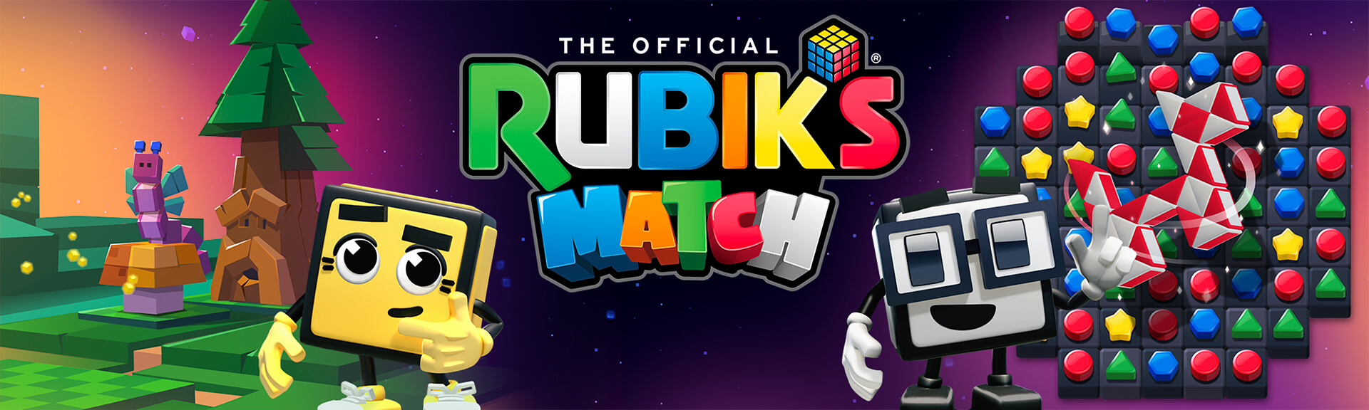 Image featuring graphics from the Rubik's Match mobile game, in bright colours